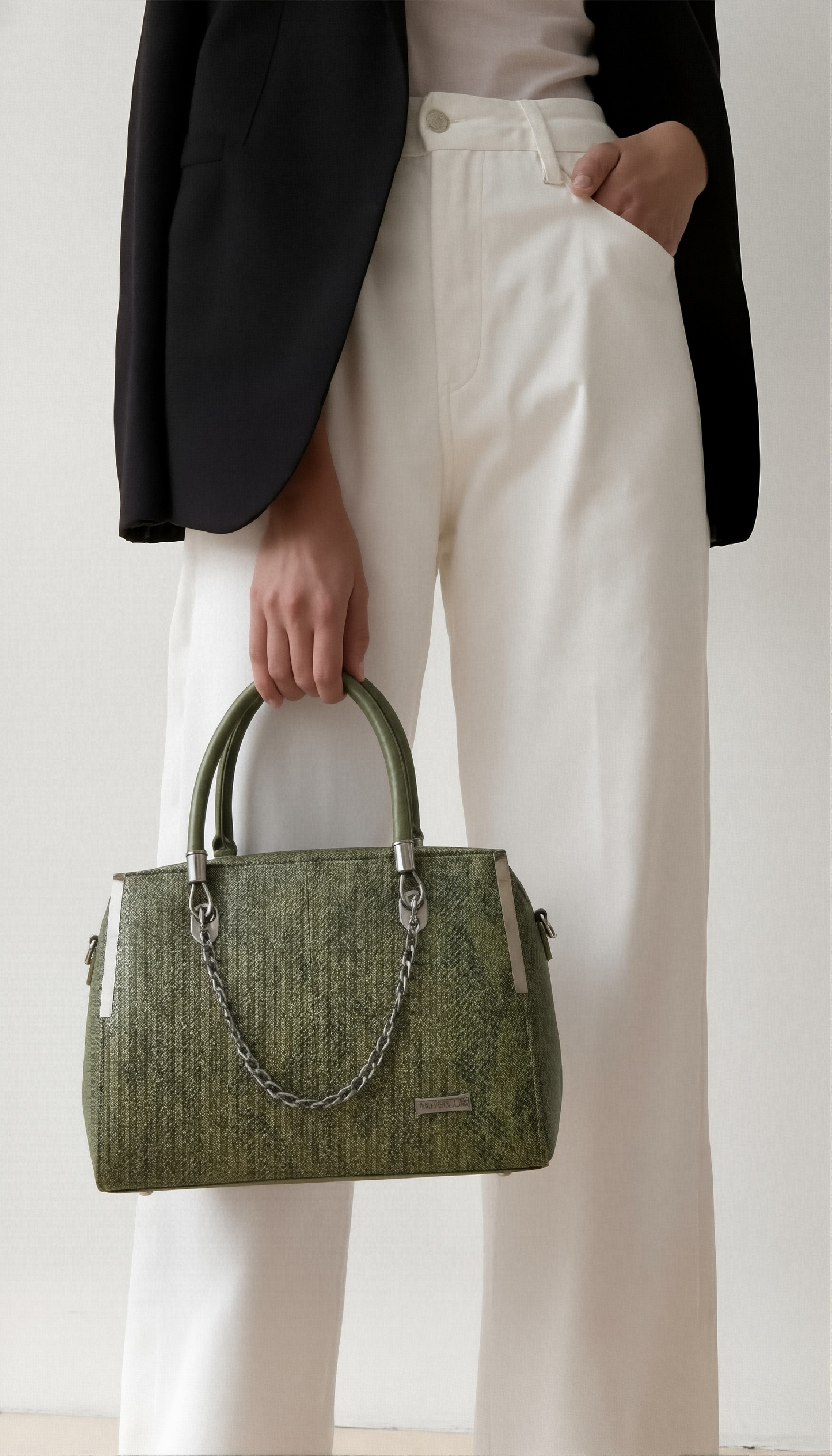 ESZARA Olive Luxe Structured Handbag with Chain Detail